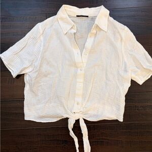 T Tahari cotton boxy cropped top tie front gauze minimalist boho blouse size L